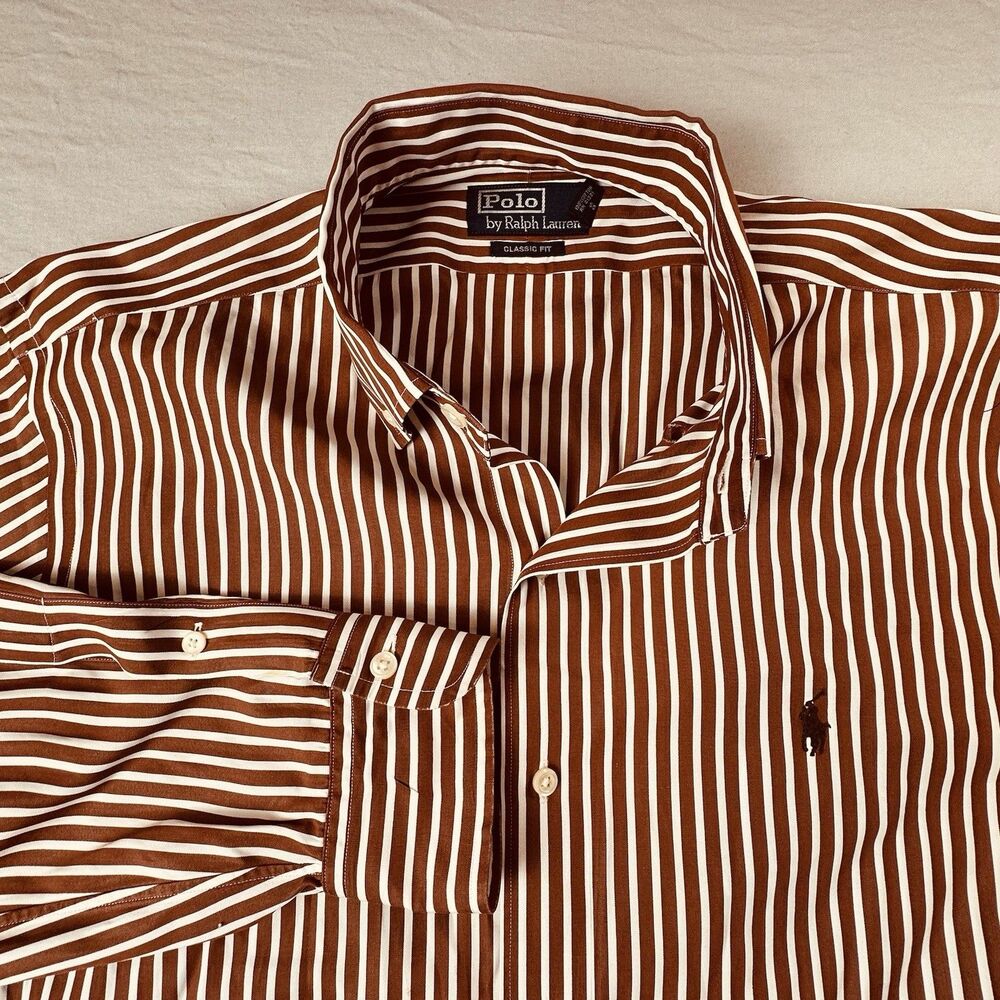 Polo Ralph Lauren Mens L Brown White Stripe Shirt- tear